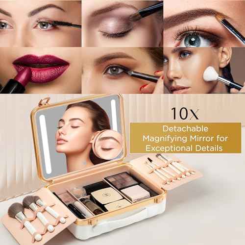 Lighted Makeup Case with Mirror - Portable Travel Makeup Organizer with LED Mirror, 3 Light Settings, Rechargeable Makeup Bag with Mirror and Light - Mini 10x Mirror included