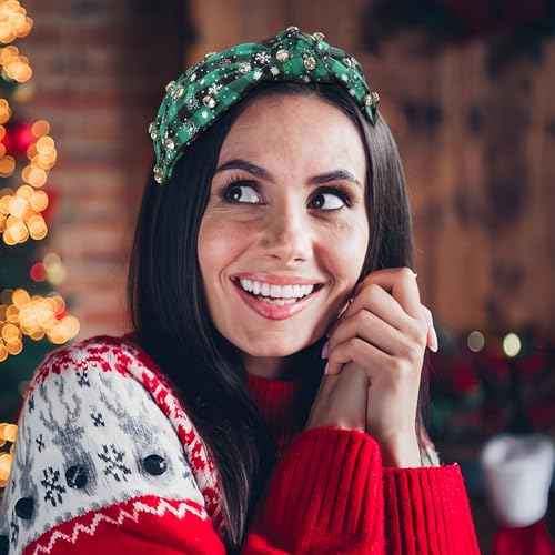 Christmas Headband Rhinestones Hair Band for Women Girls, Xmas Striped Grid Hair Accessories Green Knotted Wide Headbands Christmas Party Supplies Winter Holiday Costume Gift