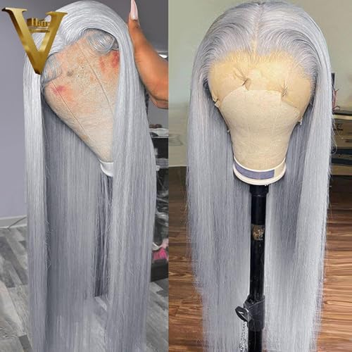 200% Density Silver Grey Lace Front Wigs Human Hair For Women No Mixed Fiber Double Drawn Straight Virgin Hair Wig 13x4 UHD Lace Frontal Wig Brazilian Hair 18 Inches