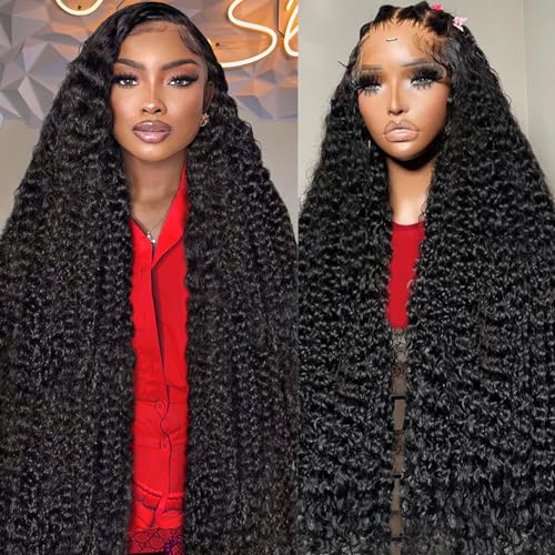 26 Inch Deep Wave Lace Front Wigs Human Hair, 13x4 HD Curly Lace Front Human Hair Wet Wavy Waterwave Glueless Frontal Deep Wave Wig for Women, Pre Plucked, 180 Density, Average Cap, Tangle Free