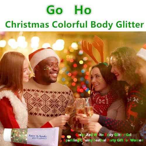 Go Ho Christmas Body Hair Face Glitter Gel,Christmas Glitters Face Paint,Holographic Colorful Sequins Chunky Reflective Face Glitter Makeup,Festival Rave Outfits for Women