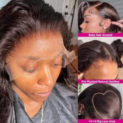 Chocolate Brown 13¡¿6 Body Wave Lace Front Wigs Human Hair 16Inch 180% Density HD Lace Frontal Wigs Human Hair Pre Plucked with Baby Hair Colored Wigs for Women