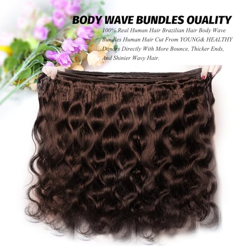 ALLRUN Brown Body Wave Bundles Human Hair 14 16 18 Inch Chocolate Brown Human Hair Bundles 12A 100% Unprocessed Remy Brazilian Virgin Hair Body Wave Human Hair Extension Color 4# Reddish Color