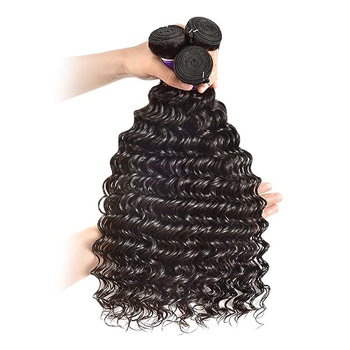 Deep Wave Bundles with Closure (12 14 16+10£¬Free Part) 100% Unprocessed Brazilian Virgin Hair Weave Bundles with Lace Closure Curly Virgin Human Hair Weft Natural Color for Black Women