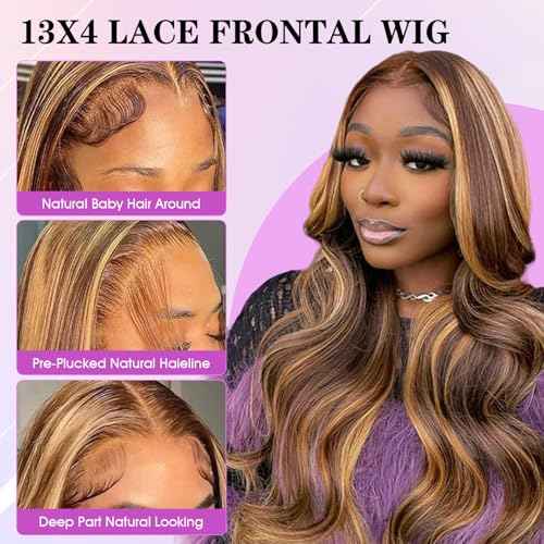 Ombre Lace Front Wig Human Hair 4/27 13x4 HD Body Wave Highlight Lace Front Wig Human Hair Pre Plucked With Baby Hair 24Inch Glueless Lace Front Wigs 180% Density