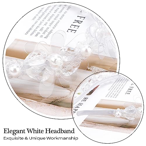 AHONEY Headband, White Flower Headpiece for Women and Girls, Elegant Dressy Hair Band with Pearl, Acrylic, Crystal Beads, Resin - Daily, Party, Wedding, Dating, Concert, Photoshoot Hair Accessories