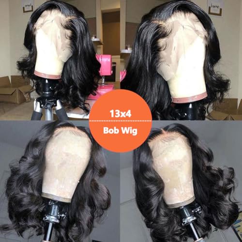 14 Inch Short Bob Wig Human Hair Wigs For Black Women 13x4 Glueless Lace Front Wigs Pre Plucked Transparent HD Brazilian Body Wave Lace Frontal Wigs Loose Wavy Human Hair Wig