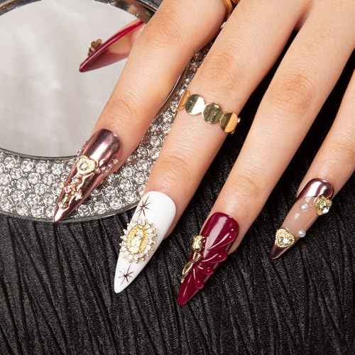 LOVFUL Press on Nails Royal Crimson | Handmade with Full Covered Crystals | Reusable Full Cover Nails | Stiletto Classic Regular 1.3 in | H383-M