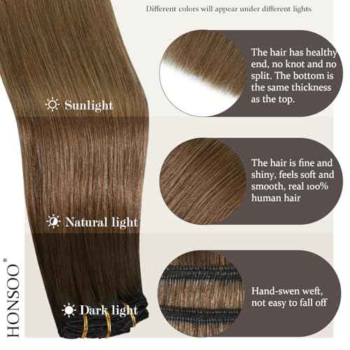 Honsoo Chestnut Brown Remy Clip In Hair Extensions Real Human Hair 18inch 70g 7pcs Sliky & Soft Clip ins
