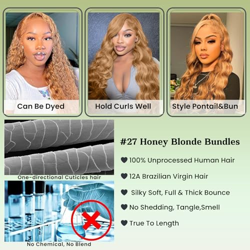 ALHER Color #27 Honey Blonde Single Bundle Body Wave 24 Inch, Blonde Bundles Human Hair Sew In Weave Wavy Bundles for Black Women, 12A 100% Unprocessed Brazilian Virgin Remy Hair Soft Thick