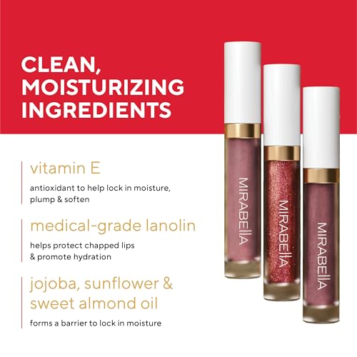 Mirabella 3 Pack Lip Gloss Trio - Highly Pigmented Shimmer Lip Gloss Non Sticky with Hydrating Medical Grade Lanolin for Chapped Lips, Lip Gloss for Women Set of 3 Shades