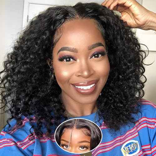 Wear and Go Bob Wig Human Hair Deep Wave Glueless Wigs Human Hair Pre Plucked Pre Cut 5x5 HD Lace Closure Curly Wigs for Black Women Lace Front Glueless Wigs Human Hair 14inch