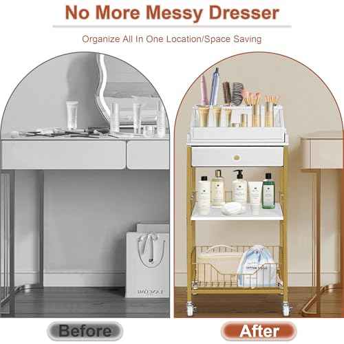 Makeup Organizer Cart with Drawer, 2-in-1 Rolling Organizer Cart with Hair Tool Holder, Vanity Storage for Skincare, Perfume, Nail Polish, Cosmetics, Gold Finish