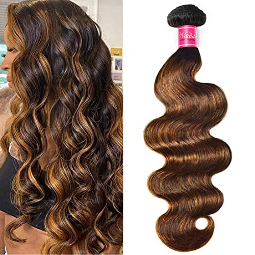 Nadula 12A Highlight Brown Ombre Body Wave Human Hair Weave 1 Bundle 20inch,Balayage Colored Brazilian 100% Remy Human Hair Wavy Bundles Extensions Blonde #FB30 Color