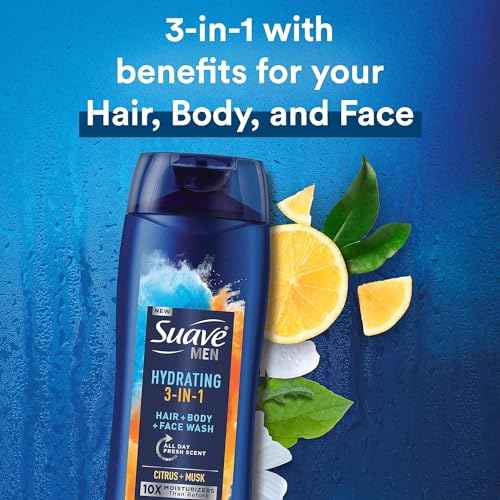 Suave Men Moisturizing Body, Face and Hair Wash, 3-in-1 For Hydrated Skin and Hair, Citrus & Musk scent, No Parabens, No Phtahaltes, 18 Oz Pack of 6