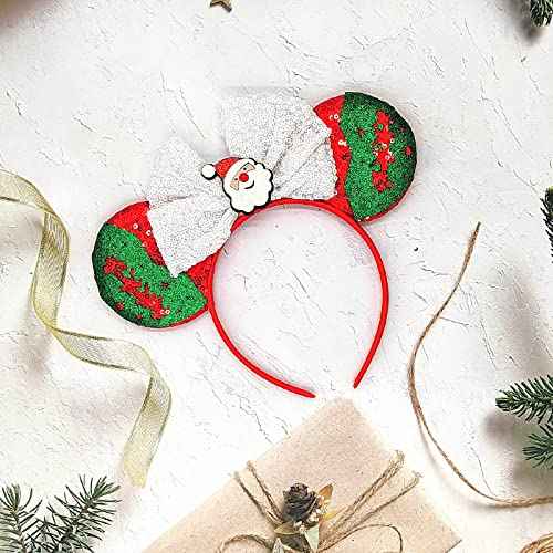 Christmas Mouse Ears Hair Band Bow Headbands Xmas Headwear, Santa Claus Hair Hoop Princess Head Bopper Cosplay Costume Tiara (Red Green White)