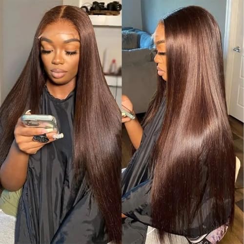 14 Inch Chocolate Brown Lace Front Wigs Human Hair Pre Bleached 200% Density 13x6 HD Straight Lace Front Wigs Pre Plucked with baby Hair