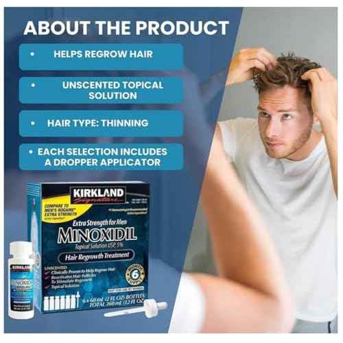 KIRKLAND SIGNATURE Minoxidil 5% Hair Regrowth Treatment for Men | 6 Months Supply | Topical Solution | Extra Strength | Clinically Proven | Unscented Drops | Dropper & Sprayer Included