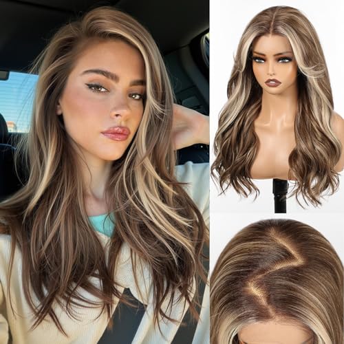 HAIRCUBE 13x6 HD Lace Front Wig Synthetic 22 Inch Brown Highlight Long Wave Layered Glueless Wig for Women, Natural Look Daily Wear