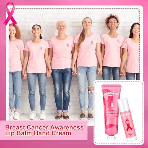 50 Sets Breast Cancer Awareness Favors Pink Ribbon Hand Cream Lip Balm with Thank You Cards Organza Bags Awareness Gifts for Women Nurse Breast Cancer Charity Event Survivor Campaign Party Favors