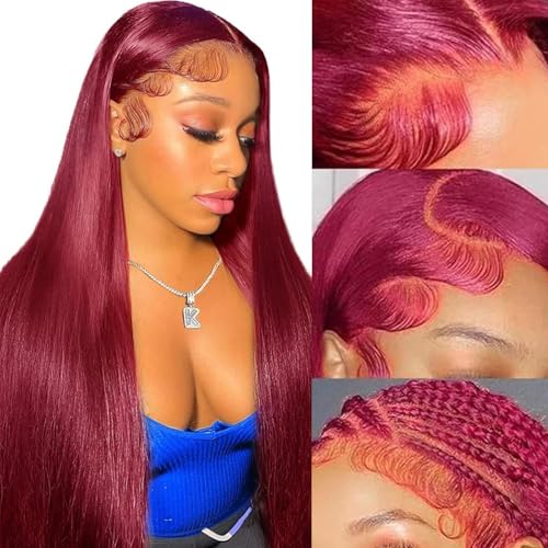 99j Burgundy Straight Lace Front Wigs Human Hair 99J 13X4 HD Transparent Lace Frontal Wigs 180% Density Glueless Pre Plucked with Baby Hair Wigs for Women
