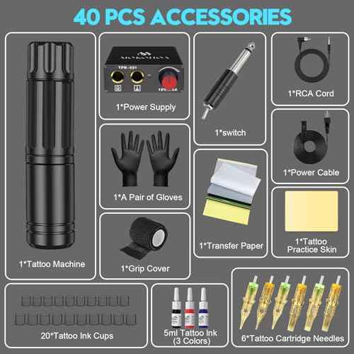 Tattoo Machine Kit,Tattoo Pen Machine with Power Supply, 6 Cartridge Needles, Semi Permanent Makeup Practice Set,Rotary Tattoo Machine (Black)