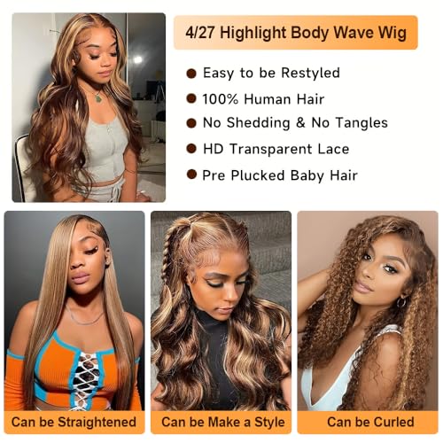 Highlight Ombre Lace Front Wig Human Hair HD Body Wave Lace Front Wigs Human Hair 180% Density 4/27 Colored Honey Blonde Frontal Wig for Women Pre Plucked with Baby Hair 20 Inch
