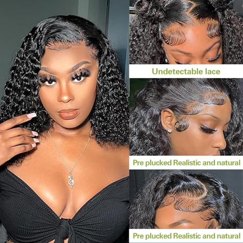 Water Wave 13x4 Hd Lace Front Wigs Human Hair Pre Plucked 200% Density Deep Curly Short Bob Wig Human Hair Deep Wave Lace Frontal Wigs for Black Women Glueless Wig 16INCH Natural Black