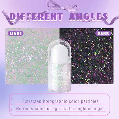 Roll-on Holographic Body Glitter Gel for Face Hair, Chameleon Color Changing Glitter Gel Under Light, Chunky Mermaid Sequins Festival Party Rave Accessories Shimmer Makeup (8# Sparkling Pink)