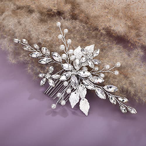 Teyglen Silver Flower Leaf Headpiece Crystal Bridal Wedding Hair Comb for Women Bride Girls (Silver, 15*7cm/5.9*2.75inch, Alloy+Rhinestones + Crystal+Imitation pearls, 1 Count)