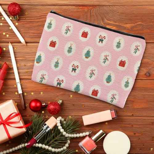 Pink Red and Green Christmas Makeup Bag, Christmas Mistletoe Candy Canes Cosmetic Bags for Women, Preppy Xmas Holiday Zipper Makeup Pouch Travel Toiletry Bag
