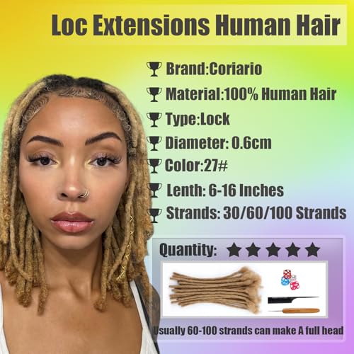 14 Inch Honey Blonde Loc Extensions Human Hair 30 Strands 0.6cm Dreadlock Human Hair Dread Locks Extensions for Men/Women/Kids 27#