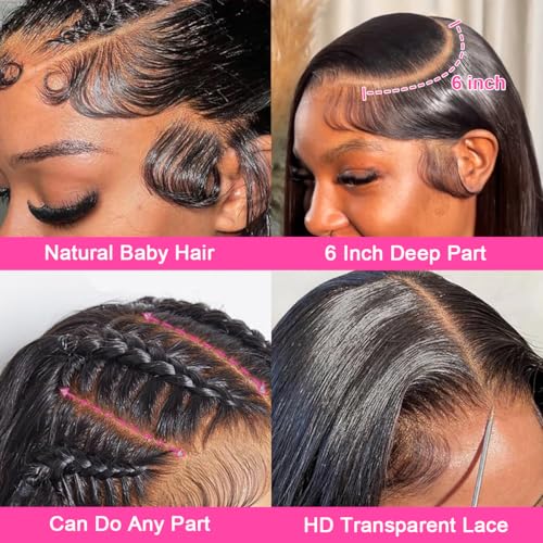 Straight Lace Front Wigs Human Hair Pre Plucked 13x6 Glueless HD Lace Frontal Wig with Baby Hair - Natural Black Color, 22 Inch