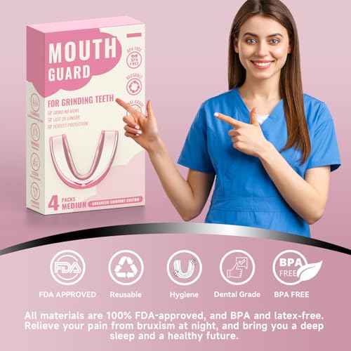 4 Pack Pink Mouth Guards for Women and Teens, Medium Size, Moldable Night Guards for Teeth Grinding and Clenching, Comfortable Bite Guards, Stylish Custom Dental Guards for Protection