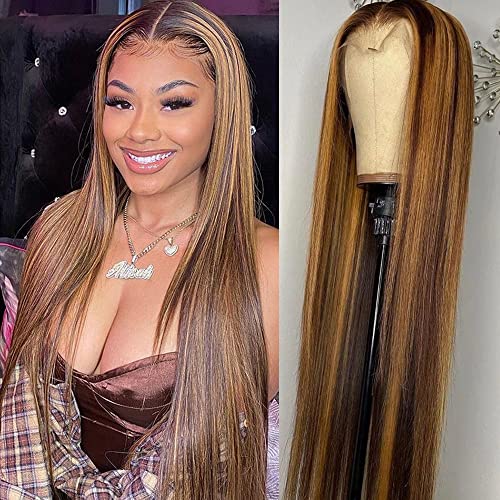 VIPbeauty Ombre Lace Front Wig Human Hair 4/27 Highlight 13x1x6 Deep Parting Transparent Lace Front T Part Wig Brown Blonde Colored Brazilian Virgin Human Hair Wig For Black Women 18 inch
