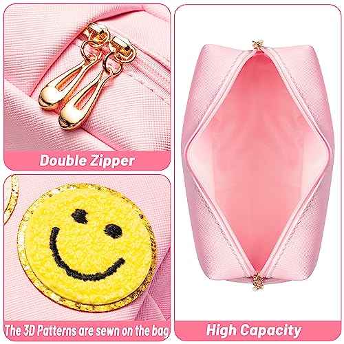Preppy Smile Cosmetic Toiletry Bag - Pink Patch Varsity Makeup Bag with Zipper Aesthetic Waterproof Portable PU Leather Spring Travel Office Birthday Party Gifts for Women Teens