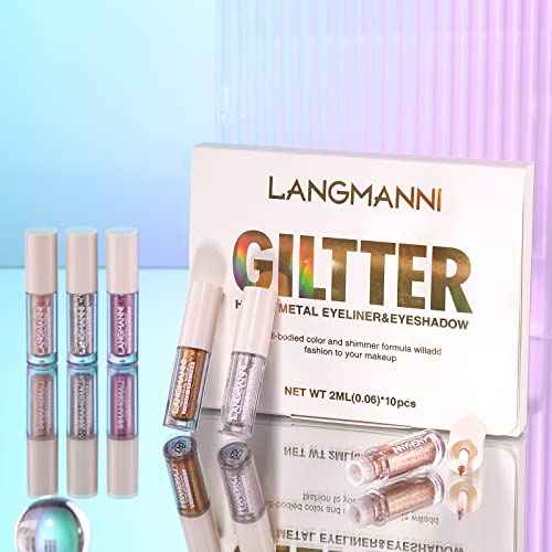 LANGMANNI 10Pcs Liquid Glitter Eyeshadow Korean Makeup Set, Shimmer,Pigmented,Long Lasting,Quick Drying,Easy to Apply Crystals Glitter Eyeshadow (10pcs Set)