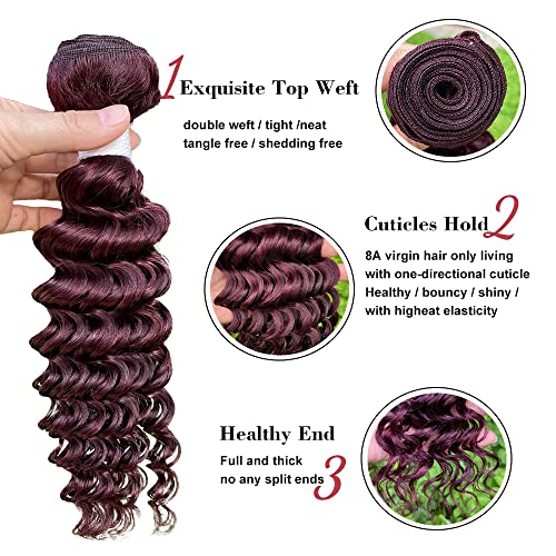 REMY HAIR Brazilian Deep Wave Bundles 100% Human Hair Extensions Red Color 1 Bundle Deep Curly Unprocessed Virgin Human Hair Weave Extensions Dark Burgundy 22 Inch