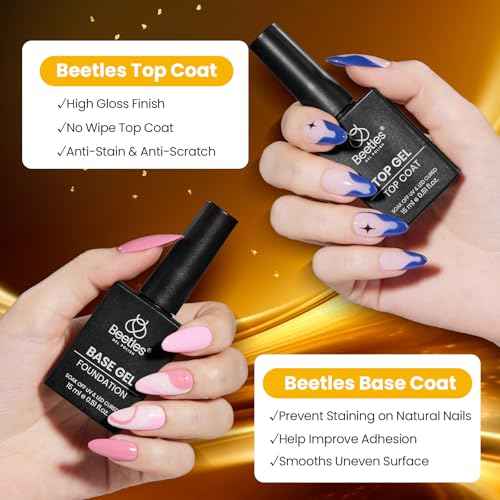 Beetles No Wipe Gel Top Coat and Base Coat Set for Gel Nail Polish - 2Pcs 15ml Super Shiny and Long Lasting Soak Off UV/LED Lamp Needed, Christmas Nail Art Design Gift