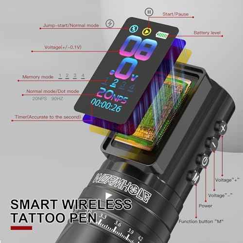 Wormhole Tattoo Gun Kit Wireless Tattoo Machine Kit ? 7 Adjustable Stroke, Dual 2300mAh Batteries, Smart Display with Timing Function, 3 Modes (Normal/Jump-Start/Dot Work), for Lining & Shading