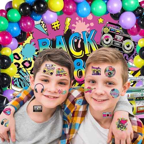 53 PCS 80s Temporary Tattoos, Retro 1980s Hip Hop Party Birthday Decorations Fake Game Console Recorder Tattoo Body Sticker for 80s Birthday Party Favors Supplies Kids Boys Girls Party Bag Filler