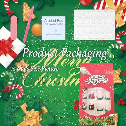 Christmas Press on Nails Square Green French Tip Fake Nails Mdeium with Candy Canes Gift Box Bow Design Nails Press on Glitter False Nails Xmas Glue on Nails Artificial Christmas Nails for Girls 24Pcs