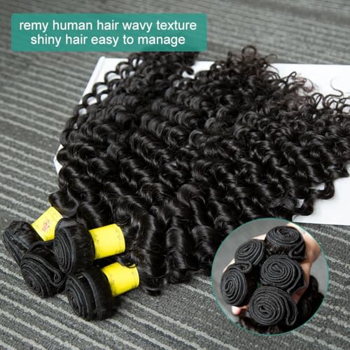 Brazilian Human Hair Bundles Water Wave (14 16 18 Inch)12A 100% Unprocessed Virgin 4 Water Weave Human Hair Bundles Raw Hair Wet and Wavy Hair Extensions Natural Black for Black Women