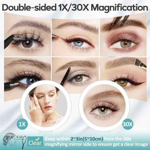 B Beauty Planet Magnifying Mirror with Light 30X, Double-Sided 1X/ 30X Magnifying Makeup Mirror with Tweezer, 2000mAh 3 Colour Modes with Adjustable Brightness,Foldable Travel Mirror(9" L x 7" W)