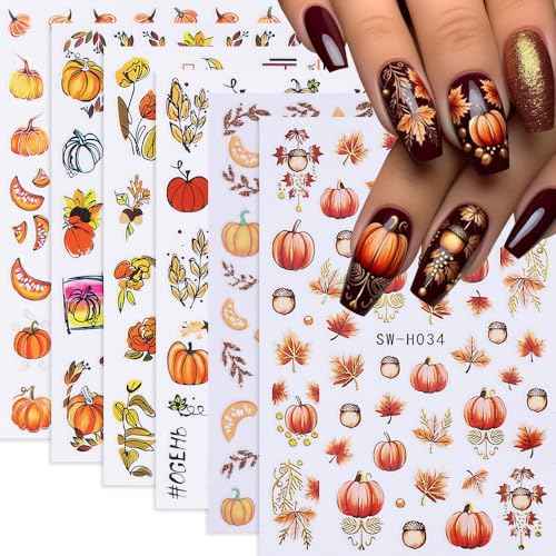 Fall Nail Art Stickers, Autumn Pumpkin Nail Decals 3D Self-Adhesive Red Gold Maple Leaf Pumpkin Fall Sunflower Flower Nail Art Design Thanksgiving Nail Accessories for Women Girls(6 Sheets)