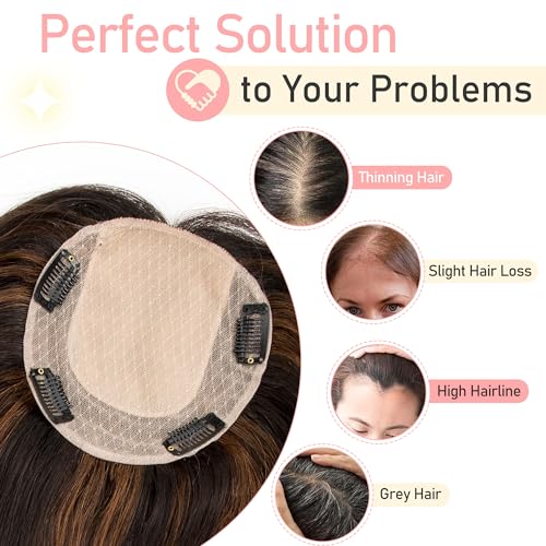 Hair Toppers for Women Real Human Hair 14 inch Straight Human Hair Toppers with No Bangs 13X13 cm Skin Scalp Base for Thinning Hair Top Hair Pieces Remy Hair Topper (P1B/4#, 14 Inch)