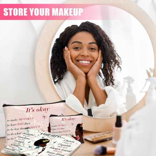 Silkfly 12 Pcs African American Cosmetic Bag for Women Bulk Christian Inspirational Gift Makeup Bag for Black Women Afro Queen Zipper Travel Pouch Purses Toiletry Organizer for Mother Day(Novel)