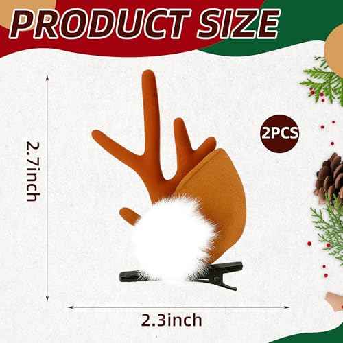 2 Pieces Reindeer Antler Hair Clips with Ears, Cute Brown Deer Costume Accessories for Christmas, Halloween, and Cosplay Party Dress-Up for Girls and Women