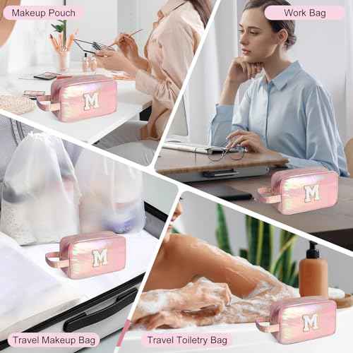 Personalized Initial Makeup bag for woman,Travel Makeup Bag,Gift for Women,Mom,Monogram Preppy Makeup Bag Cosmetic Bag Set (Letter M)