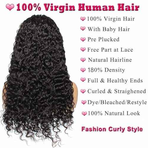 13x4 Lace Front Wigs Human Hair Pre Plucked 180 Density Brazilian Wet and Wavy Human Hair Wigs for Black Women Glueless Curly Lace Frontal Wig Natural Color (22 Inch)